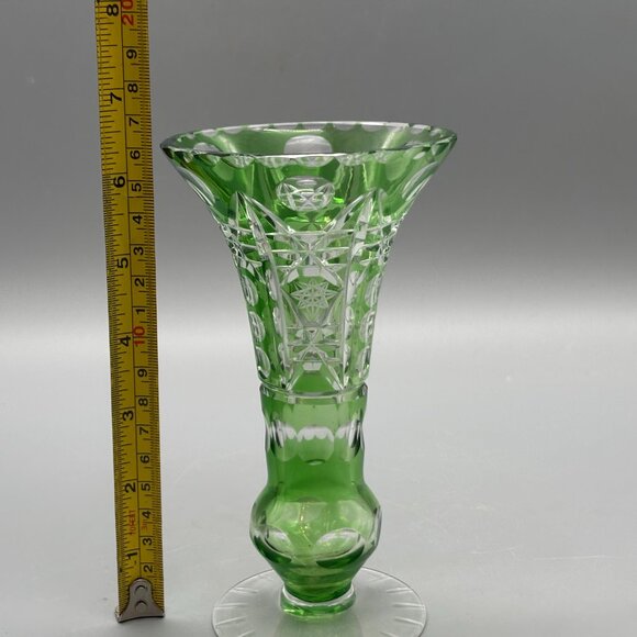 Vintage Emerald Green Cut-to-Clear Bohemian Crystal Vase Czech Overlay - Picture 8 of 10
